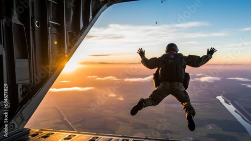 Airborne soldier with parachute on back jumps out of military plane at sunrise light photo