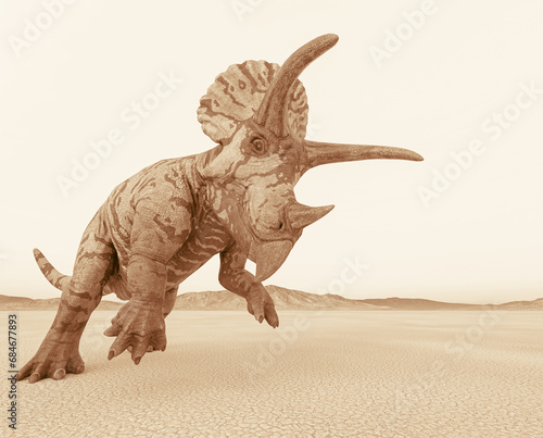 triceratops attack in the desert on the afternoon