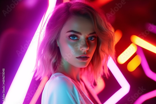A gorgeous female in a multicolored radiance is gazing at the camera in a futuristic club under neon lighting, with a zoomed close-up.