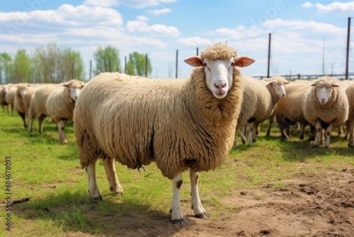 Cute curly haired sheep herd stands in large farm yard on sunny day livestock animals