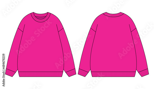 Blank Pink Long Sleeve Sweater Template On White Background.Front and Back View, Vector File.