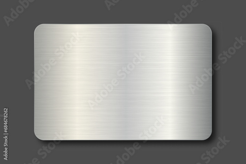 Metal plate on dark background with shadow. Steel or aluminum brushed metallic plate with gleams and light reflections in rectangle shape. Vector illustration.