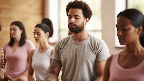 Tranquil bearded man meditates with group during yoga session recreation with mindfulness