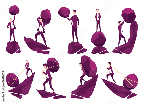 Businessmans with boulders vector illustration set. Stressed mans carry heavy stone on shoulder overwhelmed with problem or task. Crisis problem of business people, challenge, conquering concept