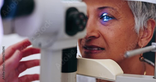 Optometry, eyesight and eye test for senior woman, optometrist and slit lamp. Doctor, specialist and healthcare professional for ophthalmology, prescription and optician for eyecare appointment exam photo