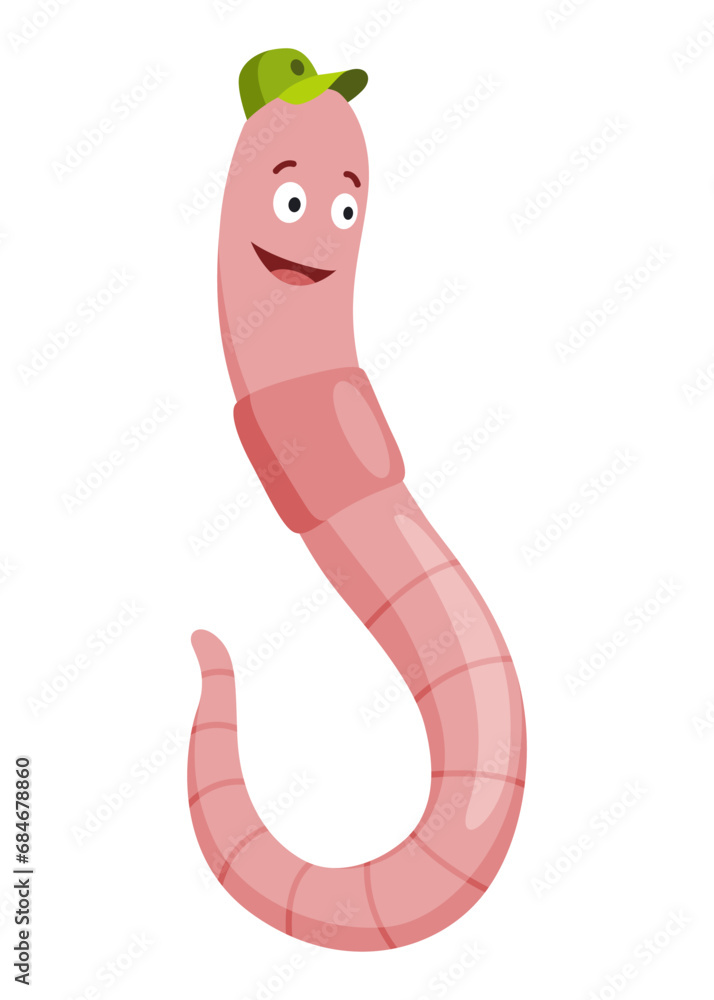 Fototapeta premium Funny worm. Pink crawler amazemented in cap. Earth worm cartoon character, wildlife nature. Insect for kids illustration
