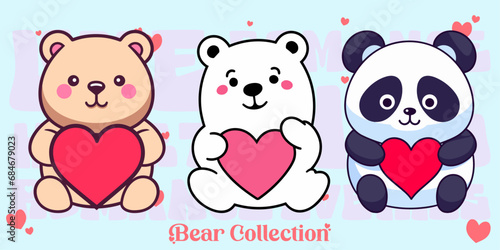 Fototapeta Naklejka Na Ścianę i Meble -  Valentine’s Day Vector Set Collection: Cute Bears - Teddy Bear, Panda, Polar Bear. Compositions with Bears, Hearts in Flat Style
