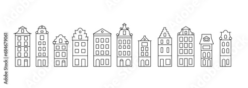 Set of Dutch linear house isolated on white background.Amsterdam.Vector stock illustration.	
