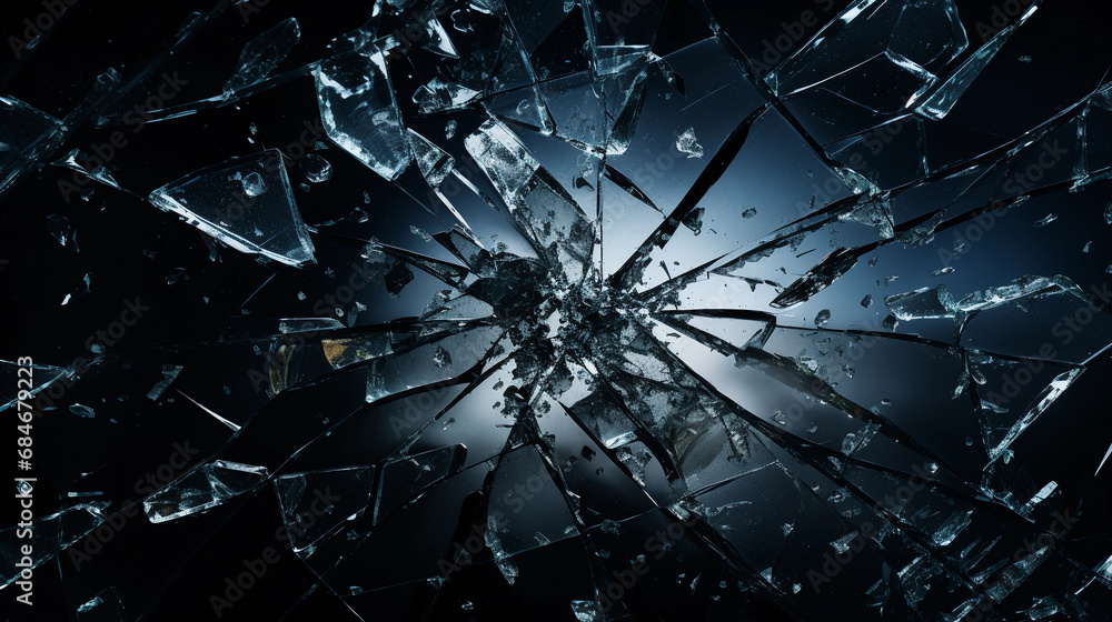 Explosion of glass splinters on dark background - obrazy, fototapety, plakaty 