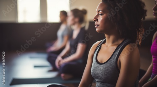 Tranquil woman meditates with group during yoga session recreation with mindfulness