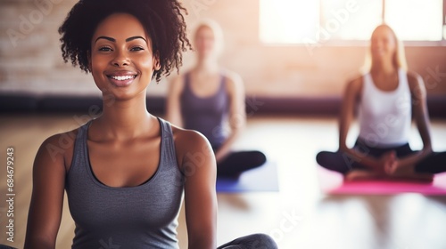 Smiling women group happily smiling after training in yoga class happy sportswomen photo
