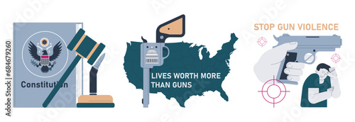 Gun control set. Second amendment ban. Weapon regulations law movement. Firearm violence. Mass shooting in public places and school. Flat vector illustration