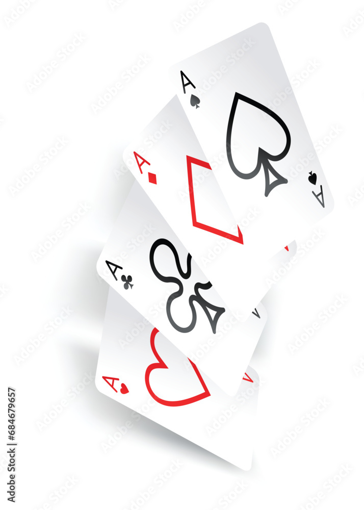 Obraz premium Playing cards poker. Four aces of diamonds clubs spades and hearts fall or fly as poker playing cards