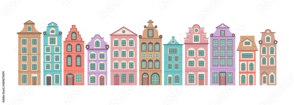 Dutch old colorful house set, isolated.German houses collection.Amsterdam.Vector stock illustration.