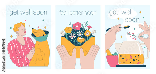 Get well soon card set. Positive and motivational poster with greeting quote. Medicine postcard with feel better lettering. Recovery affirmation and wishes. Flat vector Illustration photo