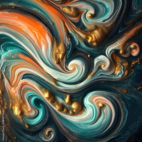 Paint Swirls in Beautiful Teal and Orange colors, with Gold Powd
