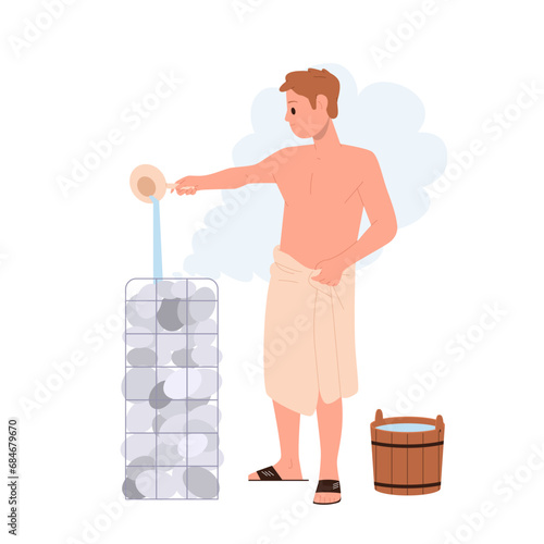 Young man cartoon character wrapped in tower pouring water on hot stones in sauna or bathhouse