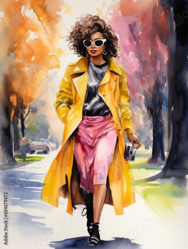 Generative AI image of black woman fashionista walking in the park watercolors