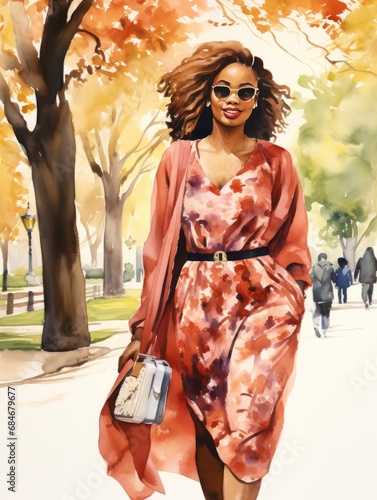 Generative AI image of black woman fashionista walking in the park watercolors