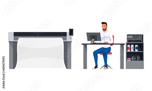 Equipment for advertising agency. Typography workflow. Polygraphy printing. Printer prepress. Printing publishing document. Print shop services, printing process