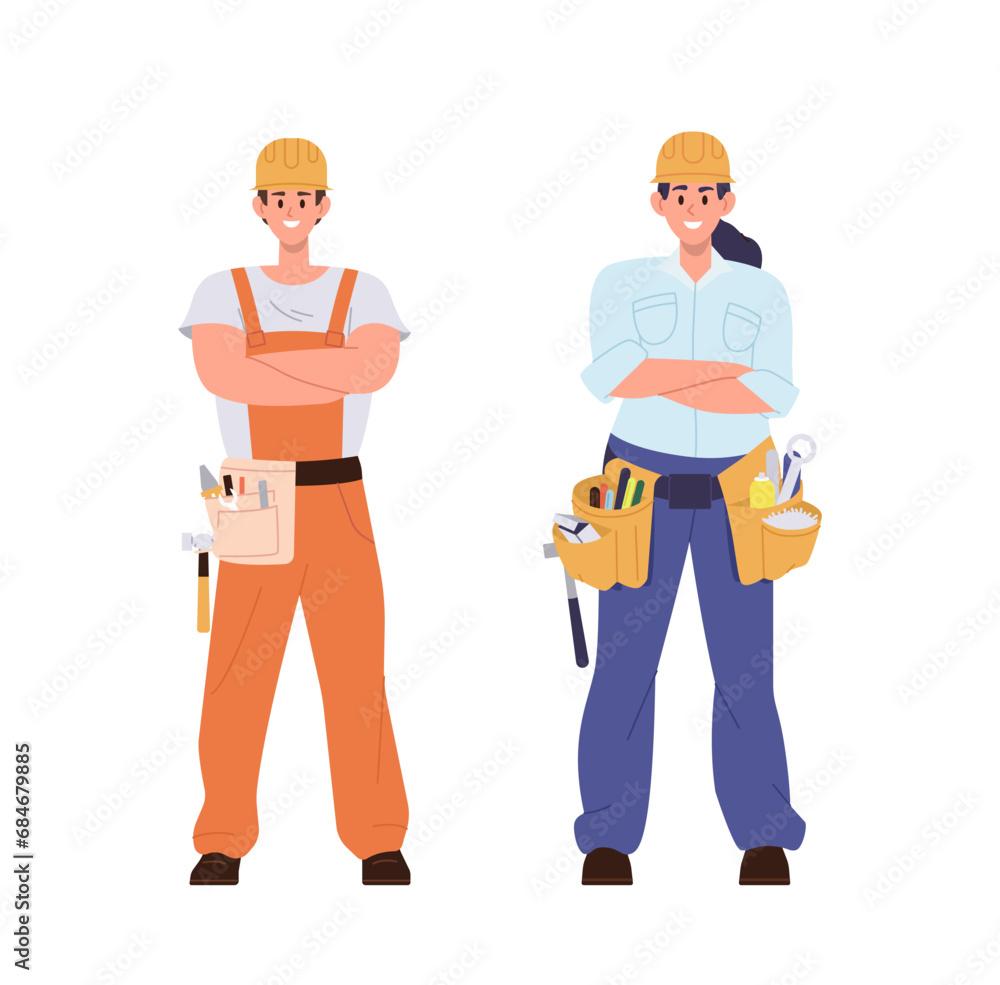 Young man and woman repair worker cartoon characters wearing uniform with tools belt on waist