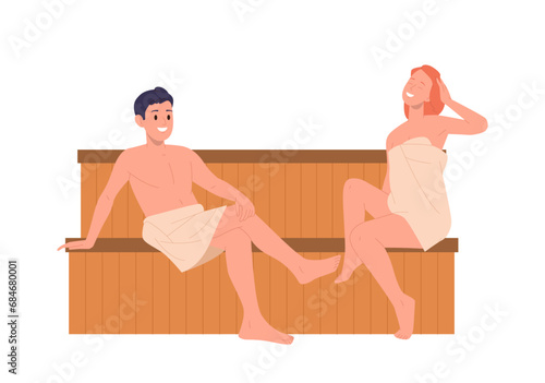 Young loving couple cartoon character having nice conversation steaming in dry sauna or bathhouse