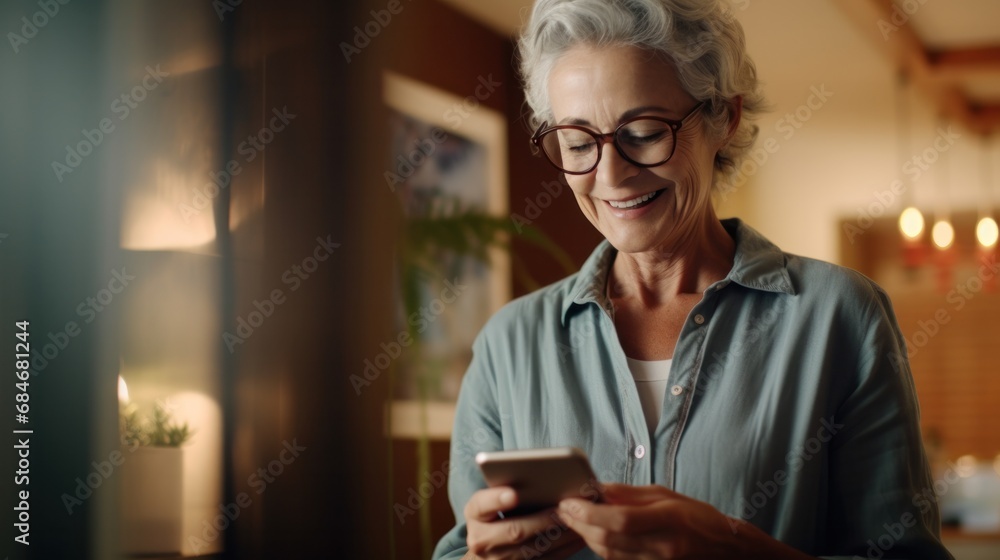 Happy senior female holding smartphone using mobile phone app. Technology, communication, happy adult woman with smartphone at home, recreation, communication, sociality, hobbies, adaptation, AI gen Happy senior female holding smartphone using mobile phone app. Technology, communication, happy adult woman with smartphone at home, recreation, communication, sociality, hobbies, adaptation, AI gen