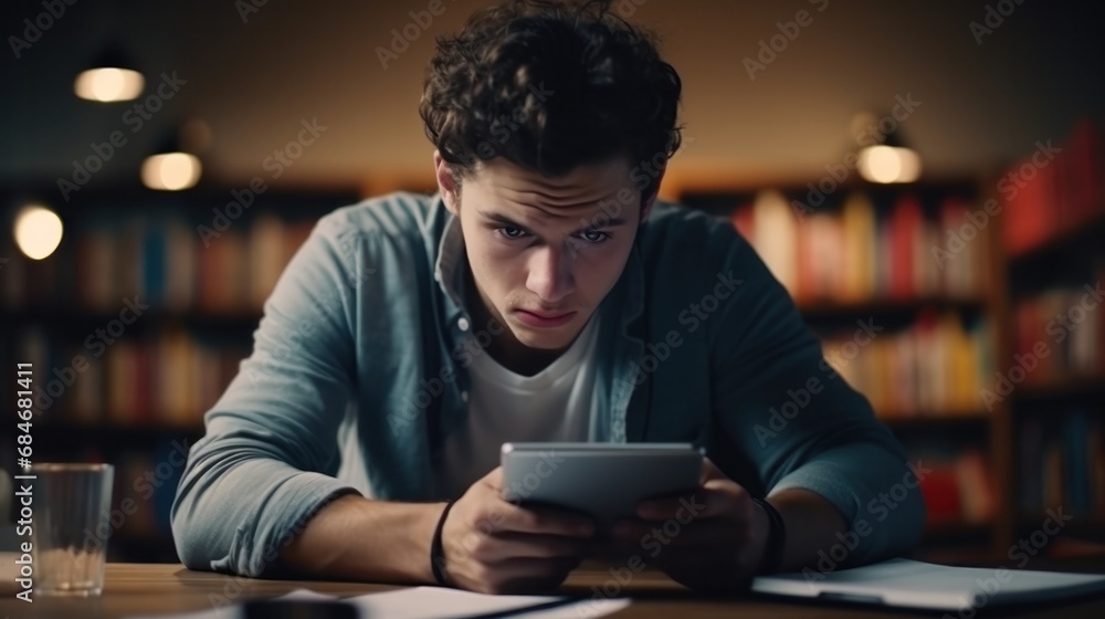 student man have anxiety because of exams, male prepare for test and learning lessons in the library. stress, despair, haste, misunderstanding reading, discouraged, expectation, knowledge, tired student man have anxiety because of exams, male prepare for test and learning lessons in the library. stress, despair, haste, misunderstanding reading, discouraged, expectation, knowledge, tired
