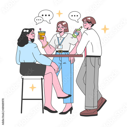 Casual networking concept. Colleagues gather at a high-top table, enjoying drinks and animated conversations. Relaxed office meetup, after-work bonding. Friendly corporate chatter. Flat vector.