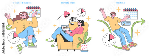 Work flexibility set. Enthusiastic individuals enjoying a flexible schedule, remote working, and flextime benefits. Adaptable work hours, home office perks, and employee freedom. vector illustration.