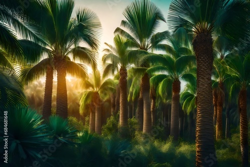 Enchanted fairy tale palm tree thickets and lighted palm trees in a magical dream valley. photo