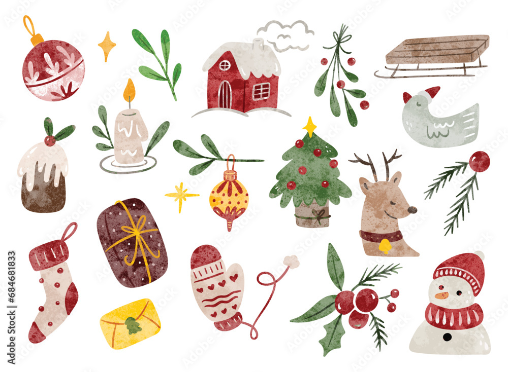 Hand Drawn Christmas Doodle in Watercolor Style Vector Illustration