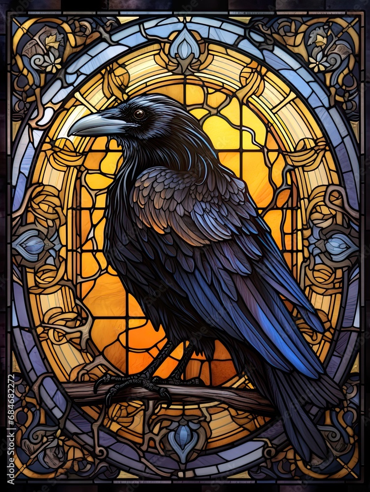 Stain glass window of a blackbird such as a raven or a crow. Stain glass window of a blackbird such as a raven or a crow.