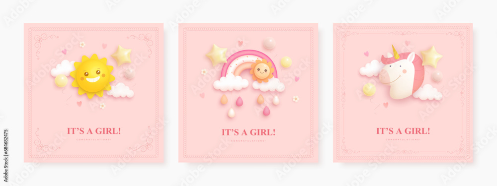 Set of baby girl shower invitation template with rainbow, sun and unicorn. Square card or web banner collection. Its a girl. Vector illustration Set of baby girl shower invitation template with rainbow, sun and unicorn. Square card or web banner collection. Its a girl. Vector illustration