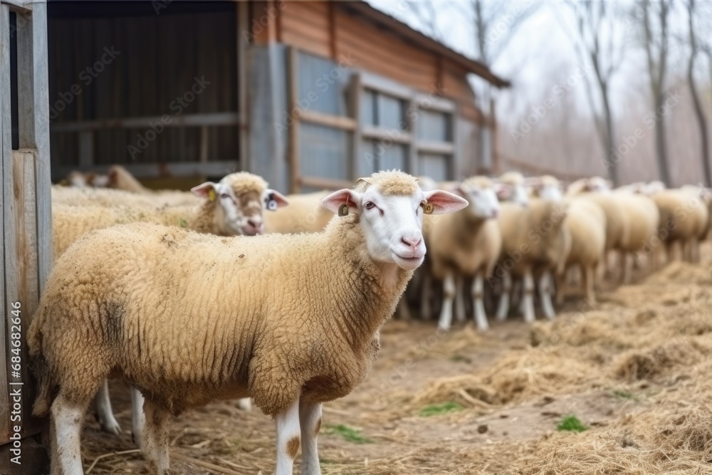 Cute curly haired sheep herd stands in large farm yard on sunny day. Small cattle animals graze near old barn at agricultural ranch. Stock husbandry habitats group walk outdoors in spring Cute curly haired sheep herd stands in large farm yard on sunny day. Small cattle animals graze near old barn at agricultural ranch. Stock husbandry habitats group walk outdoors in spring