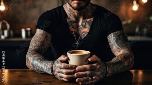 A tattooed man holding a cup of coffee