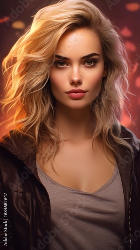 A woman with blonde hair and a leather jacket