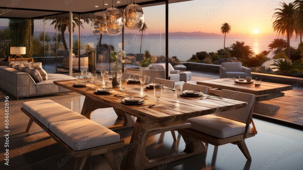 A dining room table with a view of the ocean