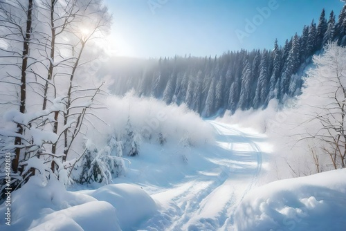 Fantastic winter scenery. A trail coated in snow, winding through the untamed forest. Winter woodland. Snow-covered forest. © Amazing-World