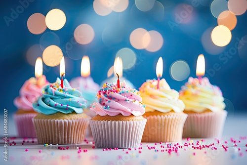 A festive birthday cupcake with a burning candle  colorful frosting  and sprinkles on a bright background.