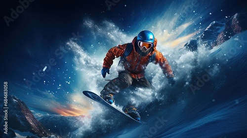 A man snowboarding in an extreme winter sports adventure, ai generative © Resi