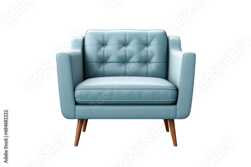 Modern soft blue leather armchair isolated on a cut out PNG transparent background