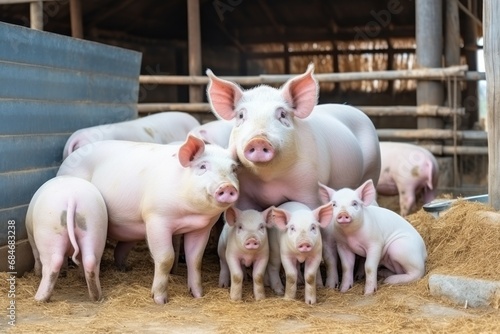 Funny fat pigs herd waits for feeding in modern farm stall. Small livestock animals growing for meat and lard producing at contemporary ranch. Large piglets ask food in husbandry pavilion