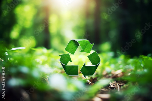 Recycling symbol on green nature forest background. Environment conservation concept background.
 photo