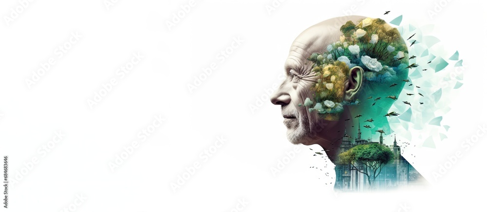 A senior man face in profile with doble exposure effect on white background with copy space, , Alzheimer's disease concept