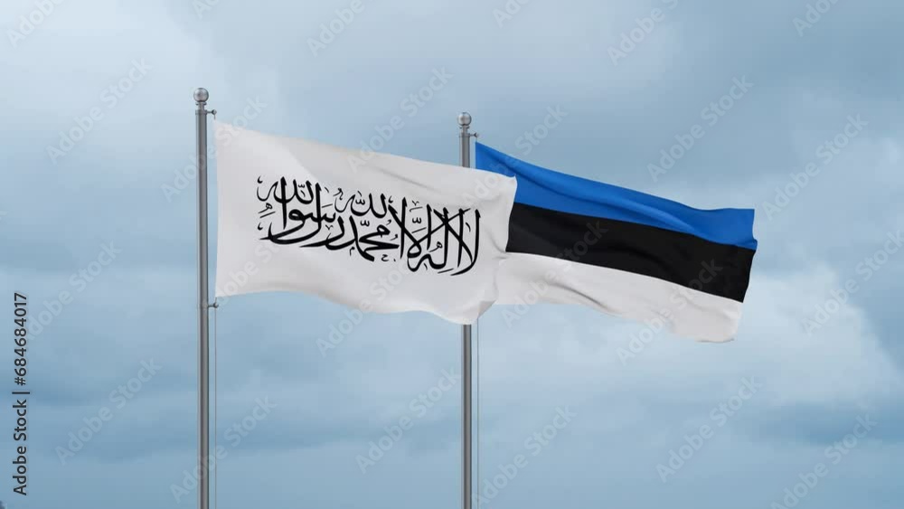 Estonia flag and Afghanistan flag waving together on cloudy sky, endless seamless loop, two country relations concept Estonia flag and Afghanistan flag waving together on cloudy sky, endless seamless loop, two country relations concept