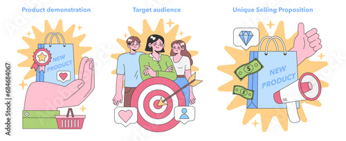 Marketing Strategy set. Showcasing product demo, pinpointing target audience, and highlighting unique selling proposition. Flat vector illustration.