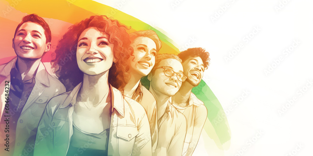 Fototapeta premium Group of diverse young people smiling together, positive and united, watercolor illustration on white background, diversity concept