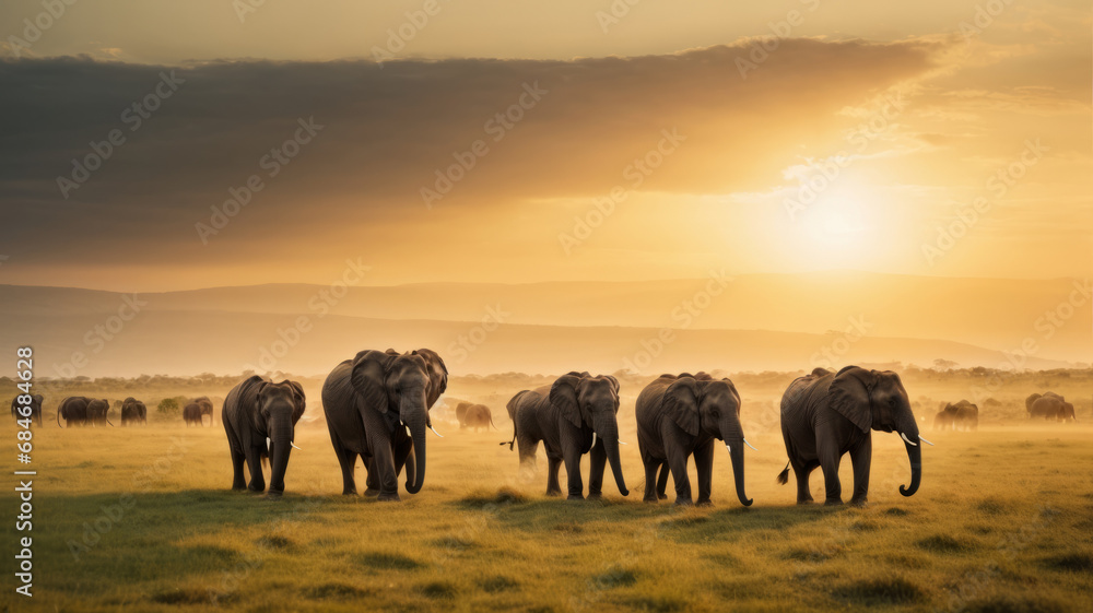herd of elephants in sunset