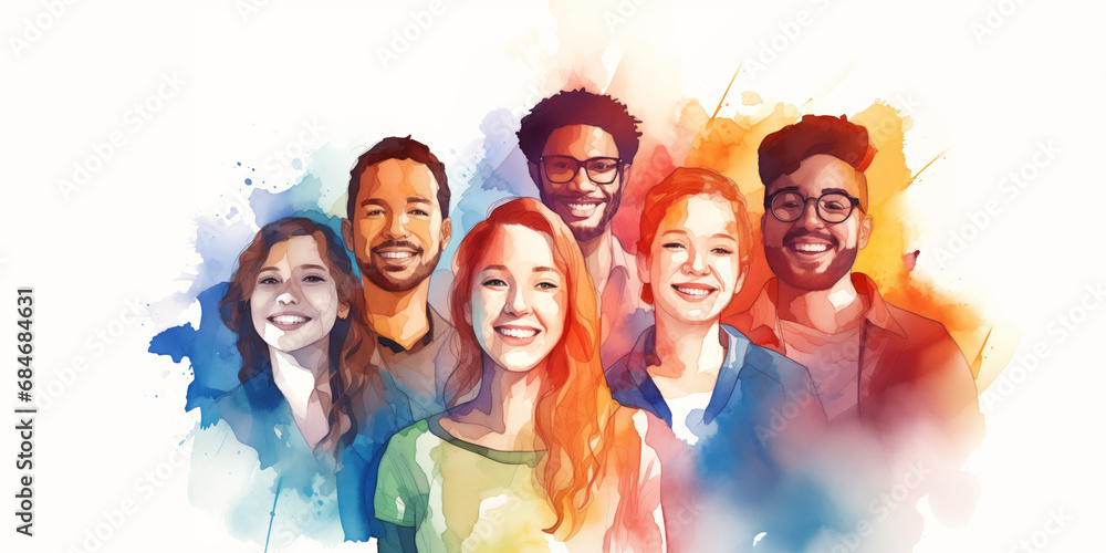 Group of diverse young people smiling together, positive and united, watercolor illustration on white background, diversity concept